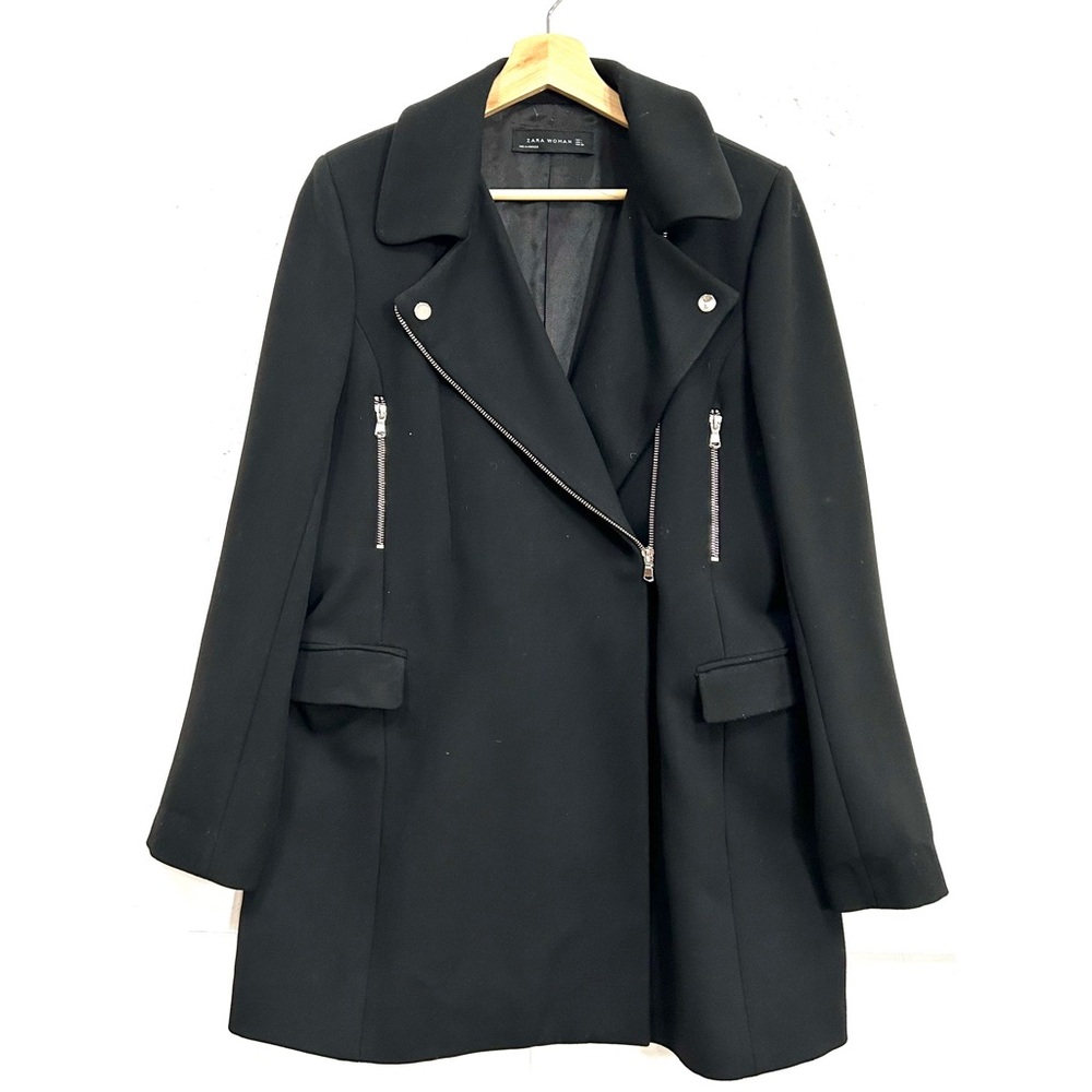 ZARA Woman Black Peacoat Overcoat Zipper Jacket size L